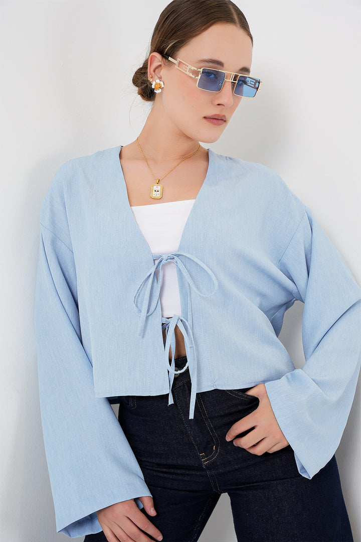 BGD Women Tied Front Linen Kimono 960 - Blue - Rockhampton