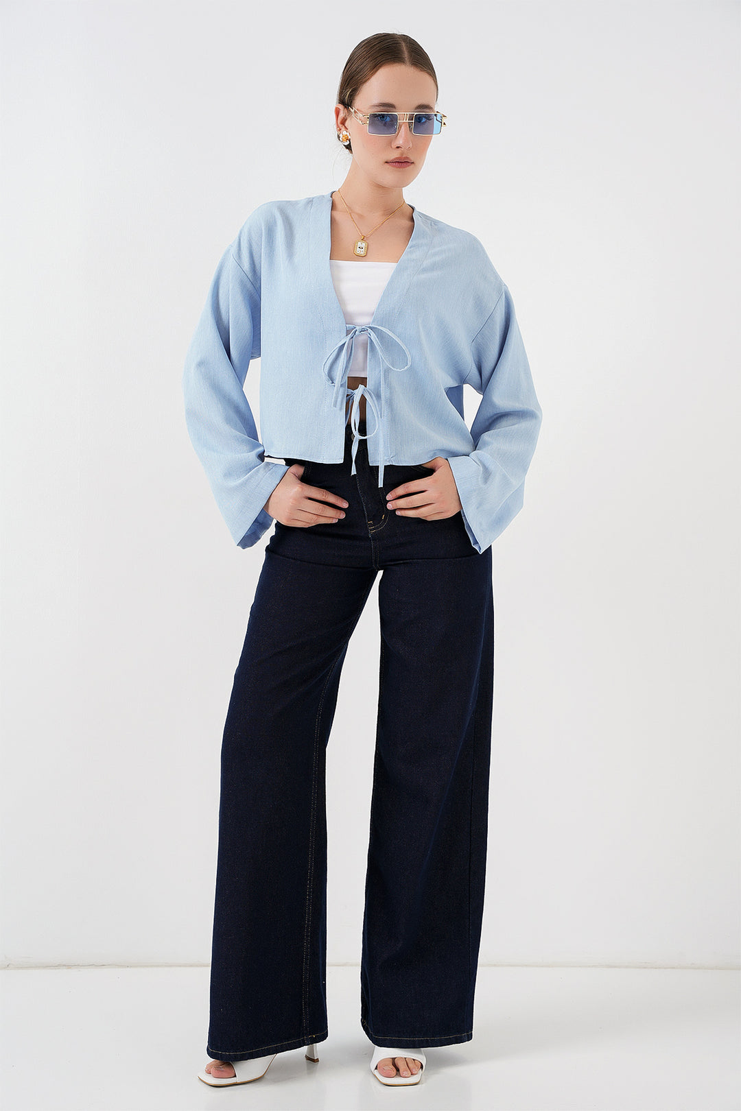 BGD Women Tied Front Linen Kimono 960 - Blue - Rockhampton