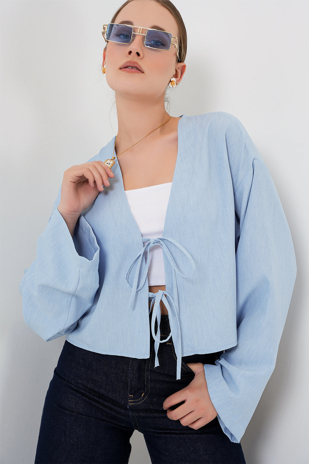 BGD Women Tied Front Linen Kimono 960 - Blue - Rockhampton