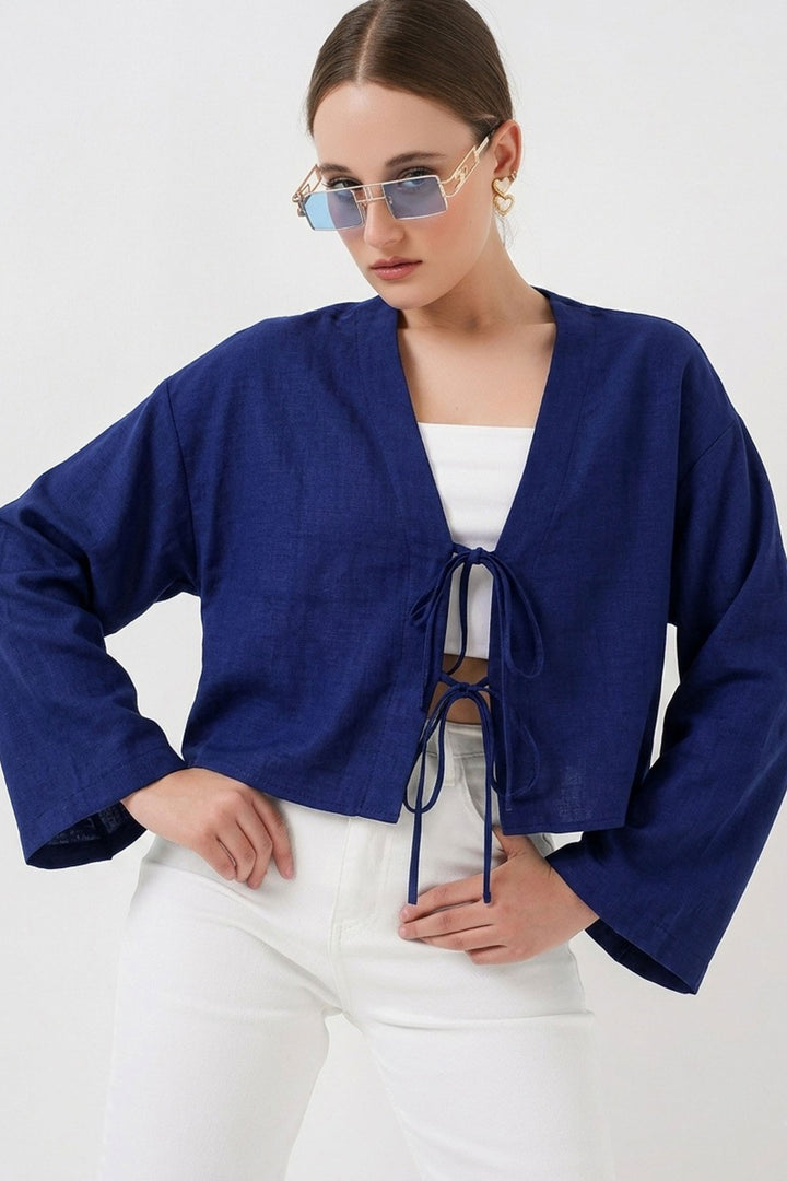 BGD Women Önü Bağlamalı Keten Kimono 960 - Saks - Calais