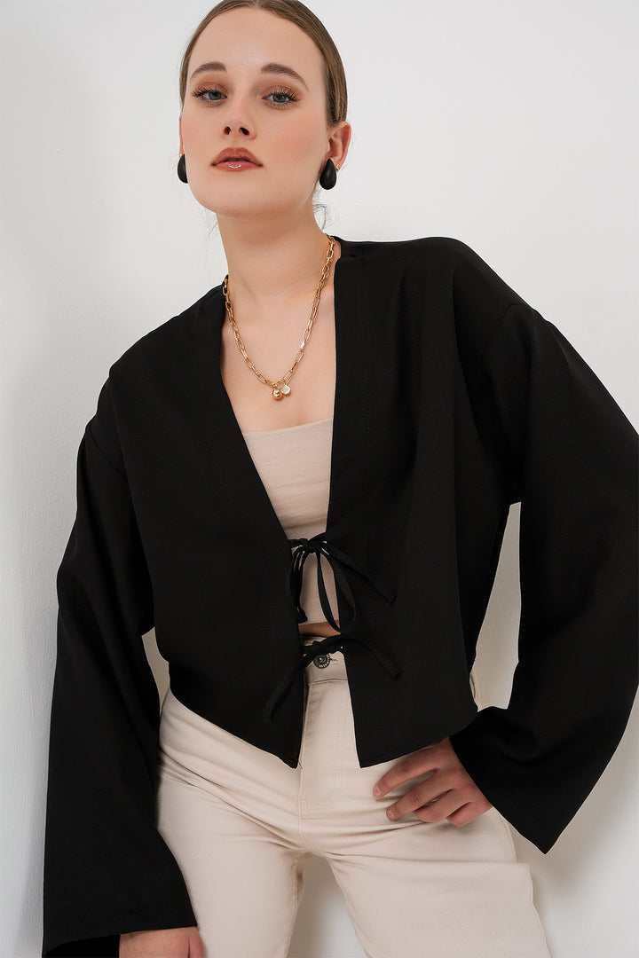 BGD Women Front Tied Linen Kimono 960 - Black - Cuenca