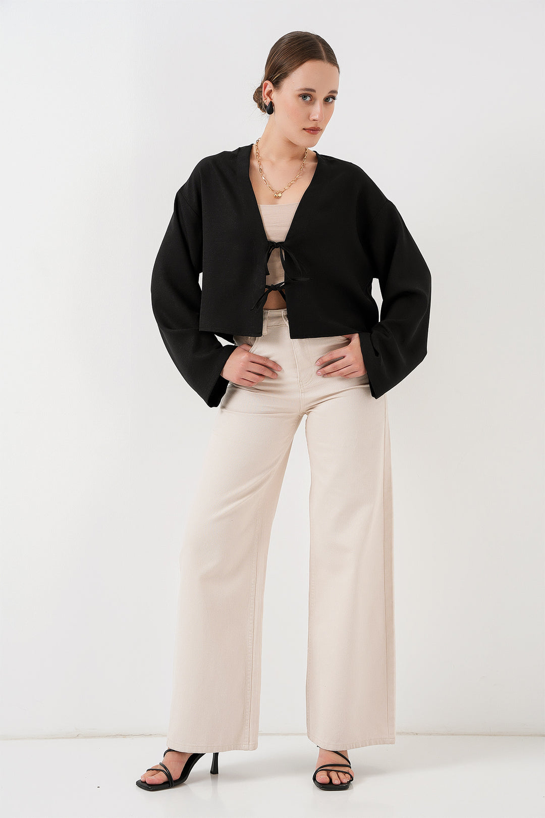 BGD Women Front Tied Linen Kimono 960 - Black - Cuenca