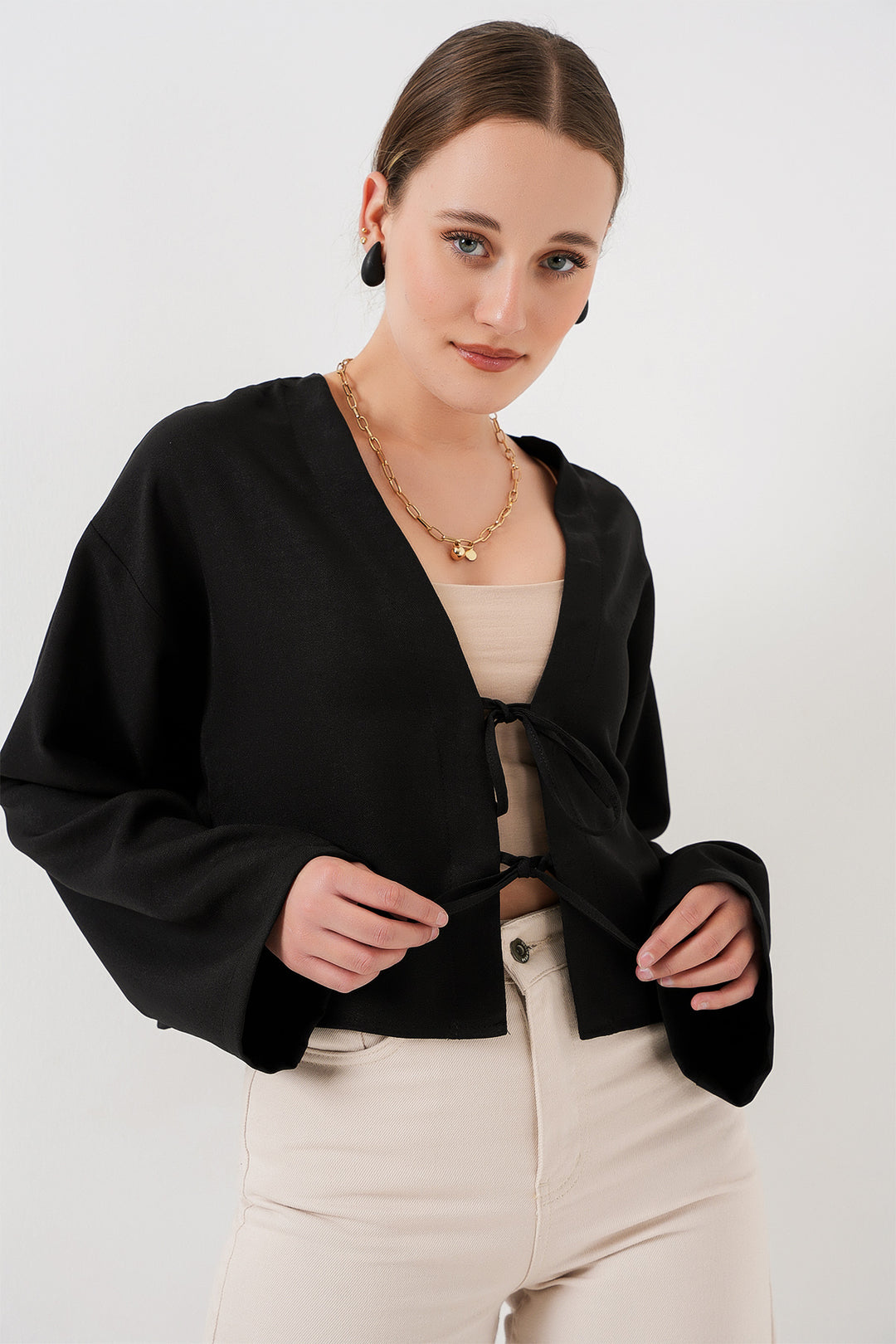 BGD Women Front Tied Linen Kimono 960 - Black - Cuenca