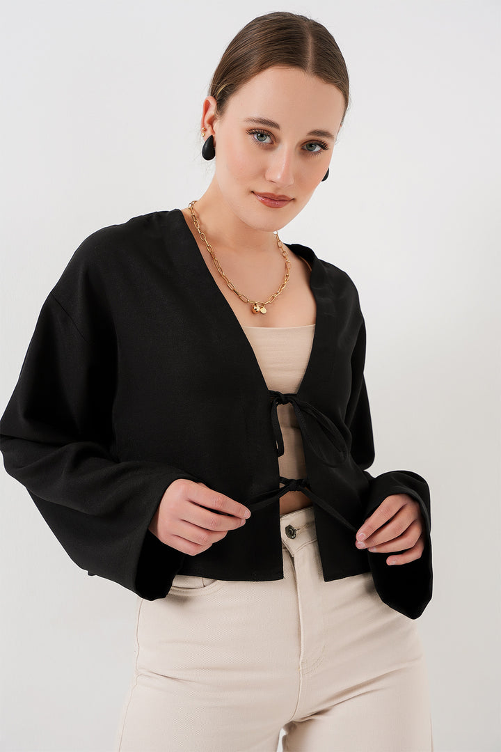 BGD Women Front Tied Linen Kimono 960 - Black - Cuenca