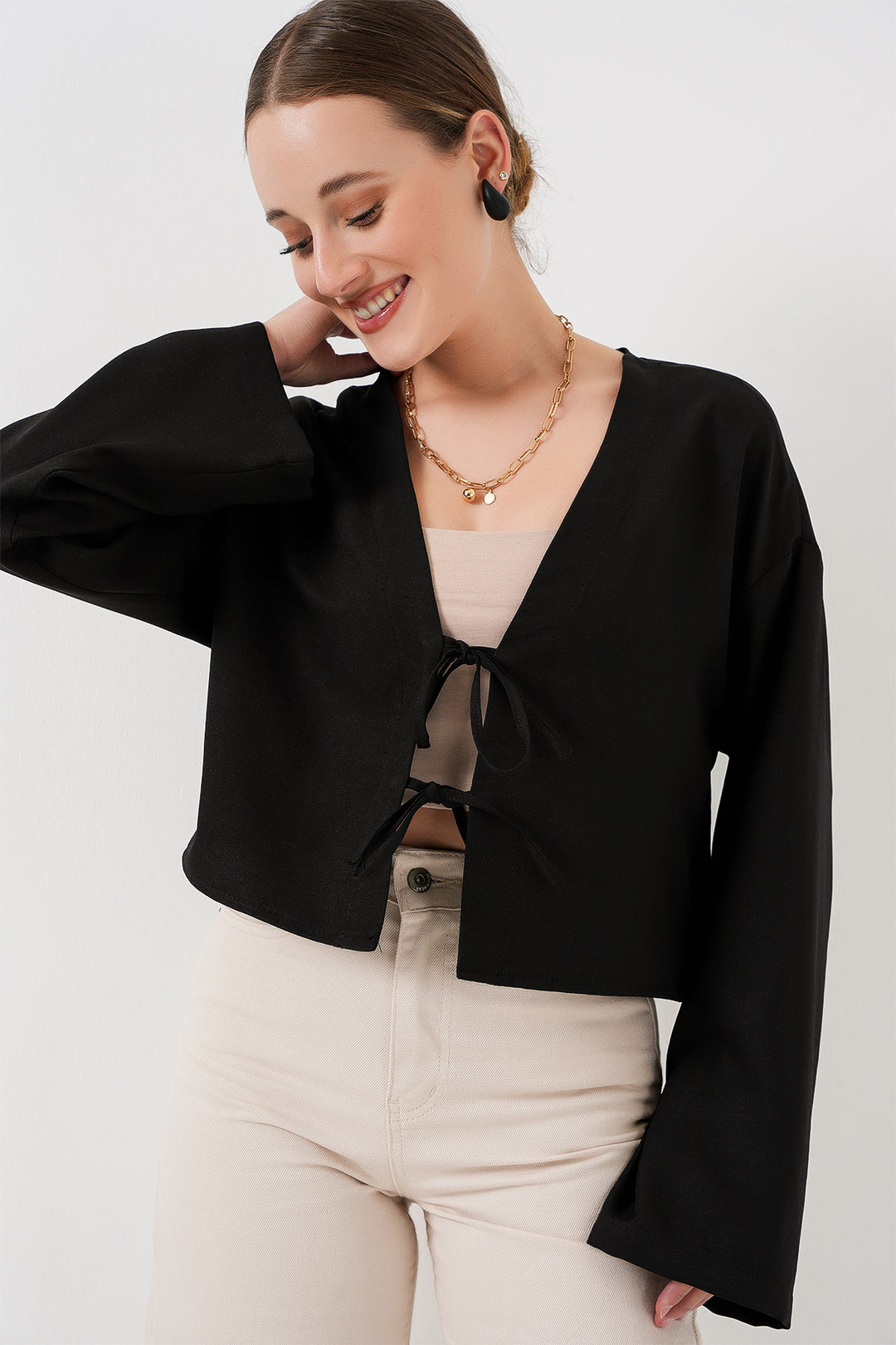 BGD Women Front Tied Linen Kimono 960 - Black - Cuenca