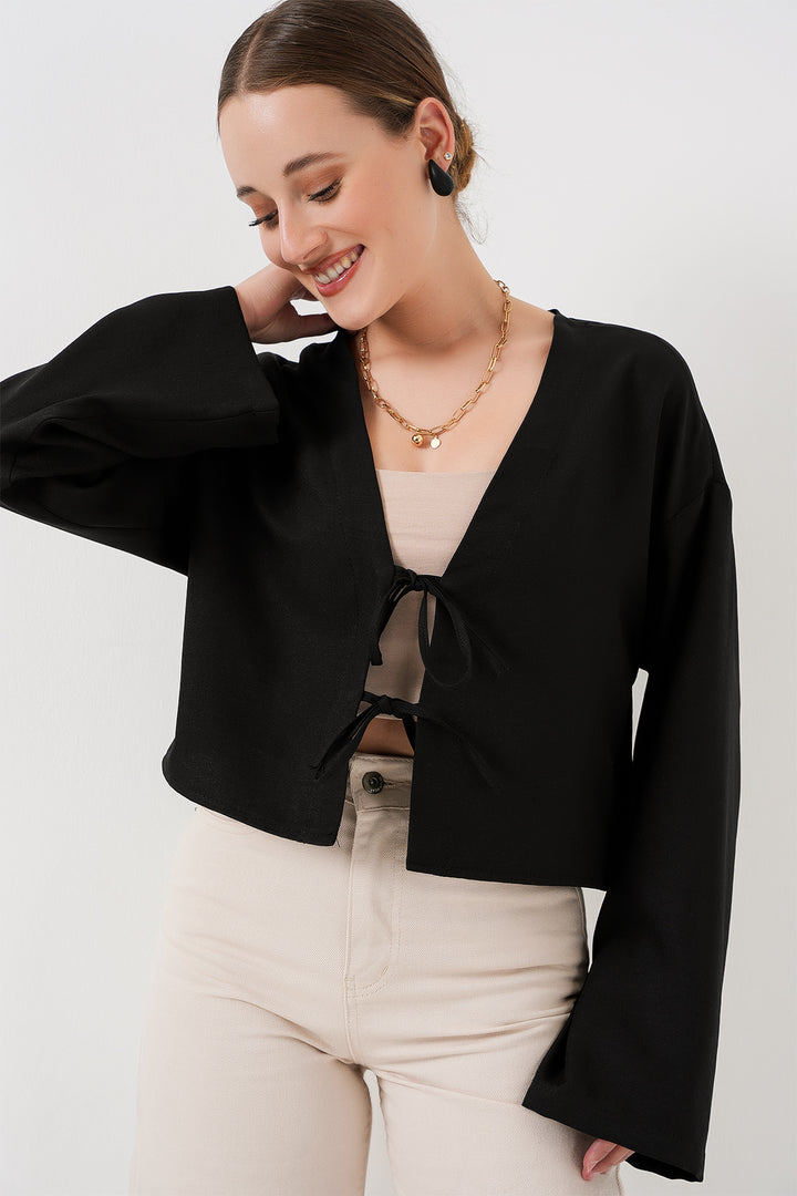 BGD Women Front Tied Linen Kimono 960 - Black - Cuenca