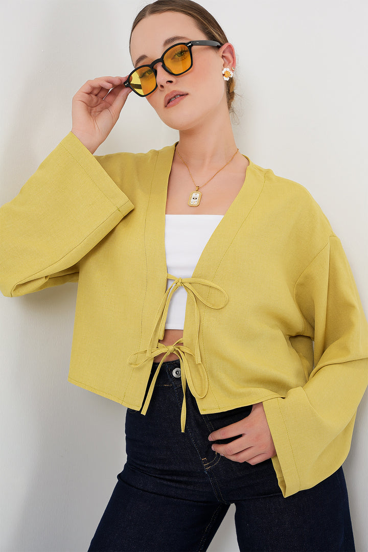 BGD Women Tied Front Linen Kimono 960 - Oil Green - Cupertino