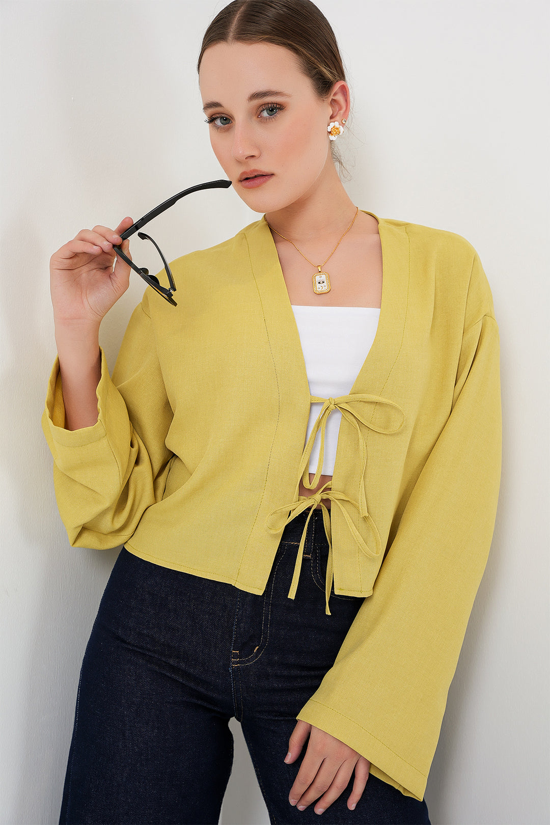BGD Women Tied Front Linen Kimono 960 - Oil Green - Cupertino