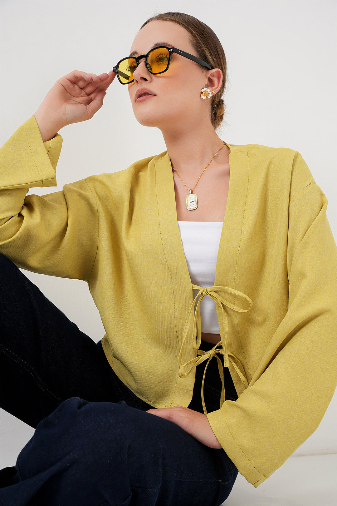 BGD Women Tied Front Linen Kimono 960 - Oil Green - Cupertino