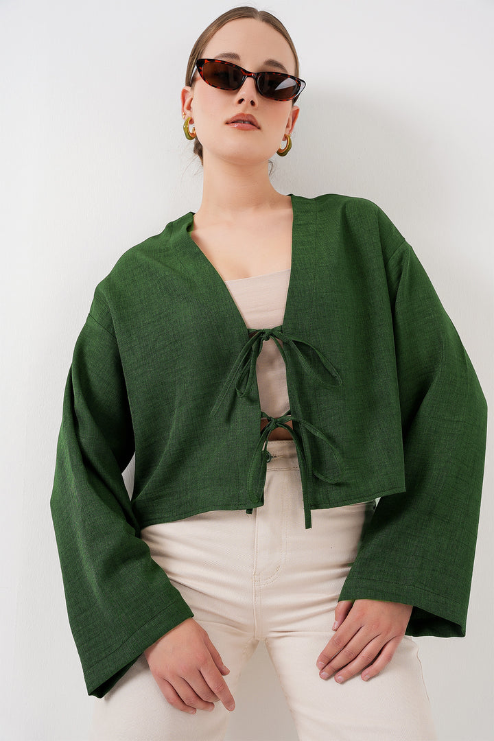 BGD Women Tied Front Linen Kimono 960 - Emerald Green - Fuquay-Varina