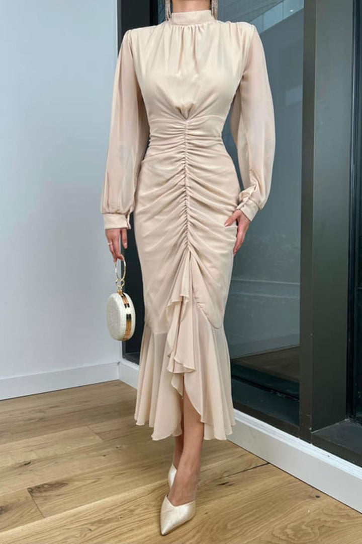 ELS Ruched Chiffon Dress - Beige - Teoloyucan