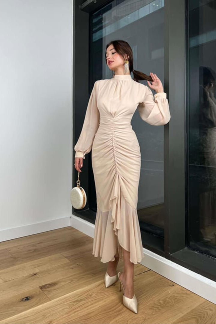 ELS Ruched Chiffon Dress - Beige - Teoloyucan