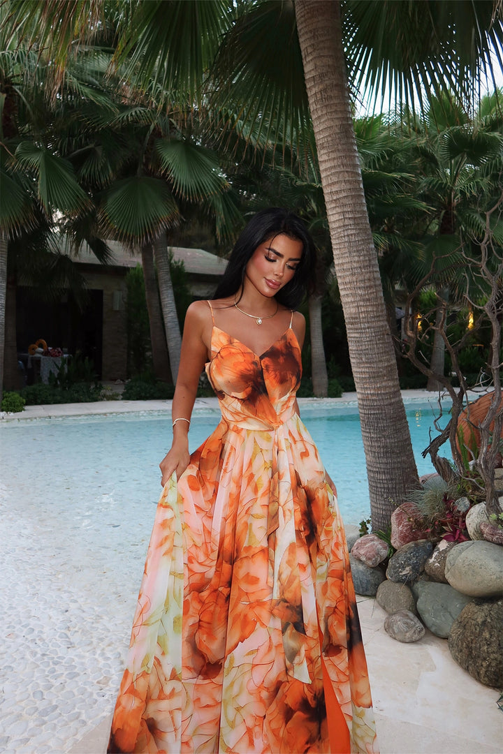 EYY Women Orange Marabou Long Evening Dress - Menifee