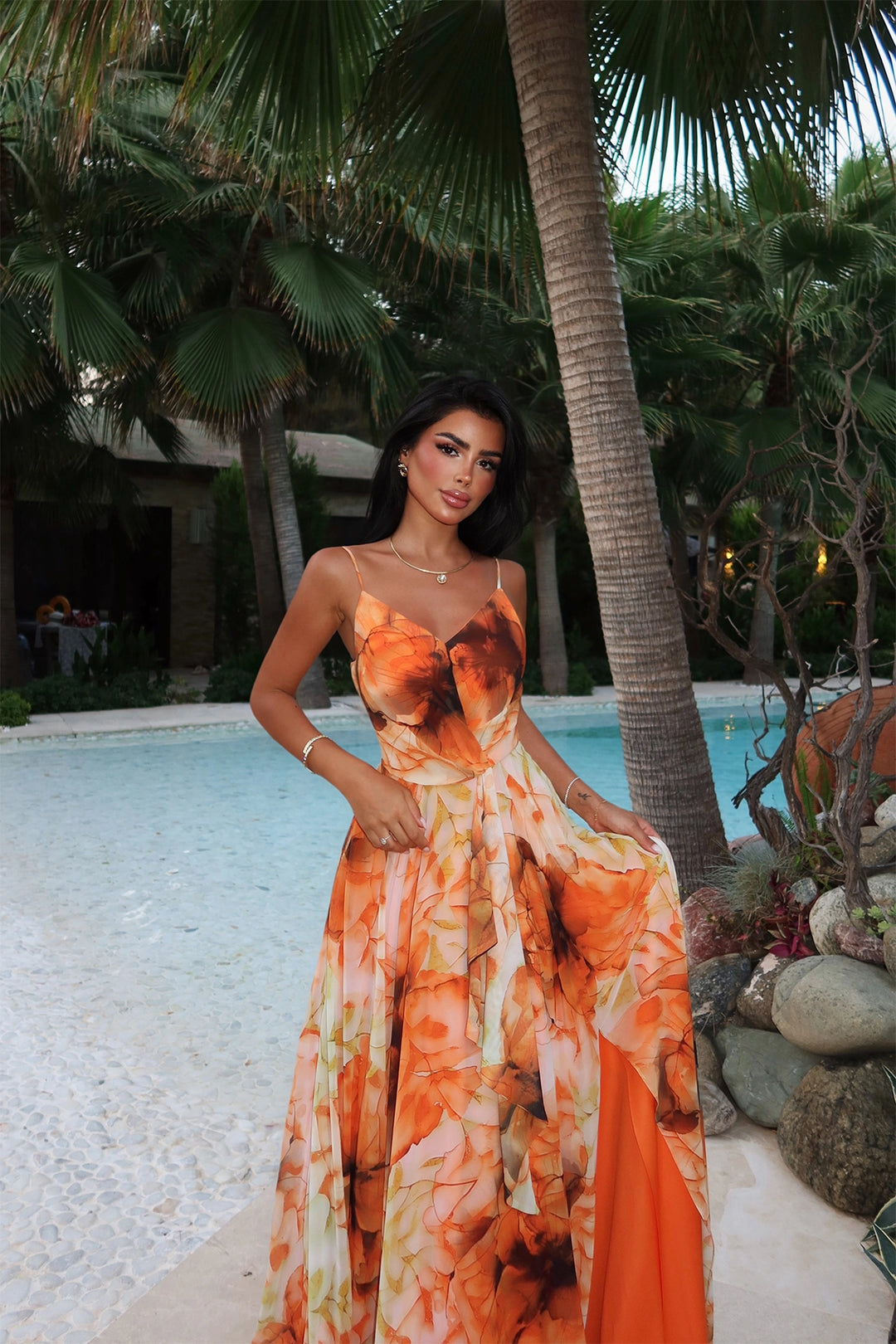 EYY Women Orange Marabou Long Evening Dress - Menifee