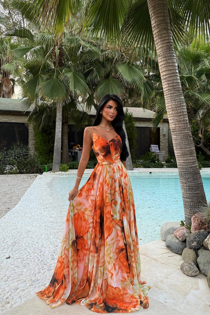 EYY Women Orange Marabou Long Evening Dress - Menifee