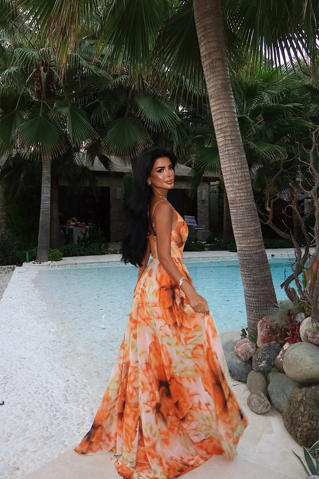 EYY Women Orange Marabou Long Evening Dress - Menifee