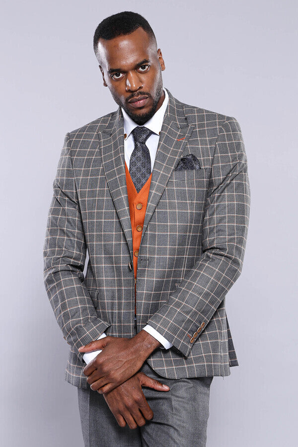 WSS Orange Vested Checked Grey Men Suit  - Wuppertal