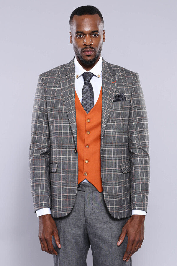 WSS Orange Vested Checked Grey Men Suit  - Wuppertal