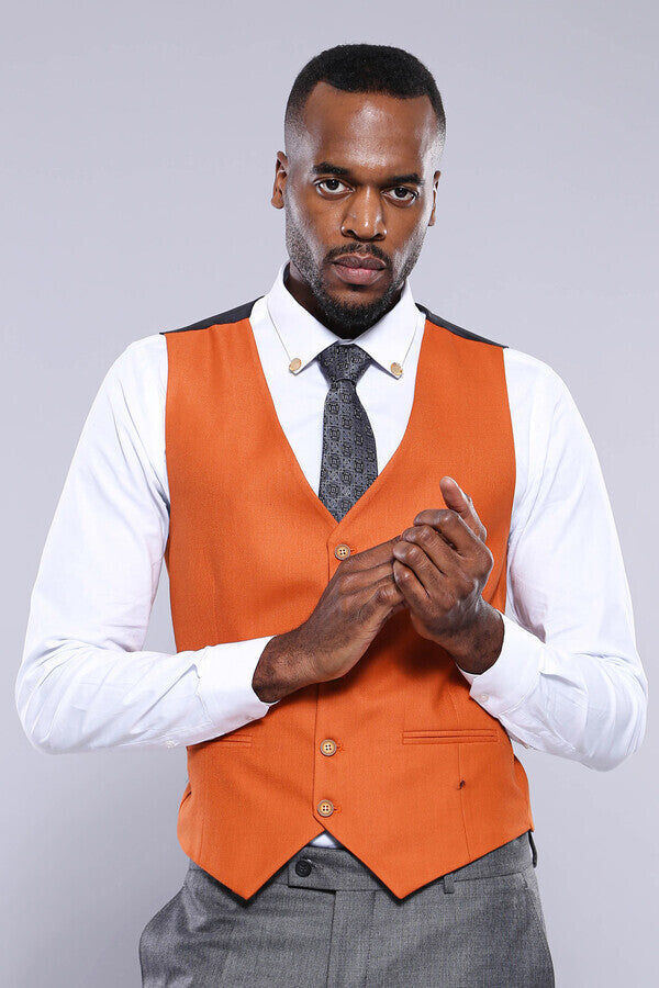 WSS Orange Vested Checked Grey Men Suit  - Wuppertal