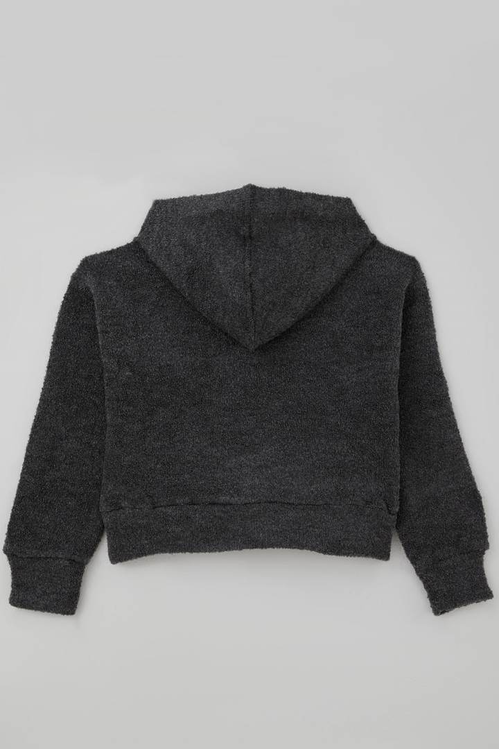 BRE Orko Kız Çocuk Peluş Crop Hırka Kapüşonlu Fermuarlı 106 Yaş , Füme Melanj - Senigallia