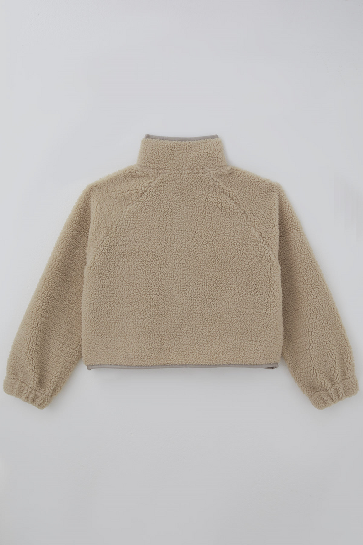 BRE Orko Kız Çocuk Peluş Crop Hırka Kontrast Şerit & Dekoratif Yazı Arma Detaylı Fermuarlı 106 Yaş , Bej - Valle Hermoso