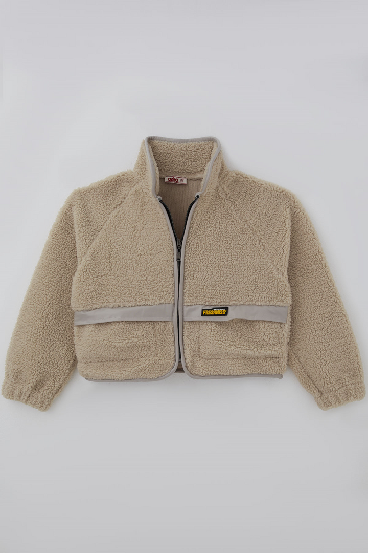BRE Orko Kız Çocuk Peluş Crop Hırka Kontrast Şerit & Dekoratif Yazı Arma Detaylı Fermuarlı 106 Yaş , Bej - Köniz