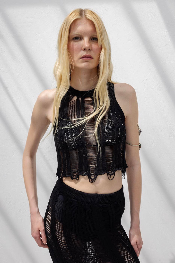 BSL Women Knitted Fishnet Crop Beach Blouse - Luhansk