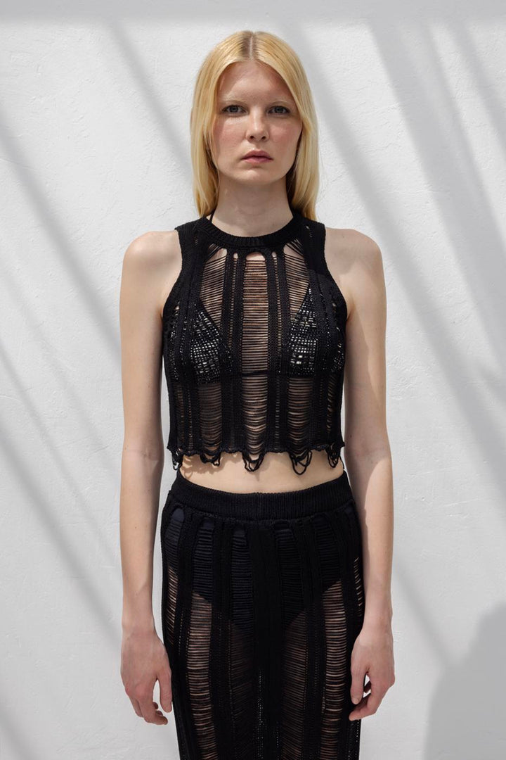 BSL Women Knitted Fishnet Crop Beach Blouse - Luhansk
