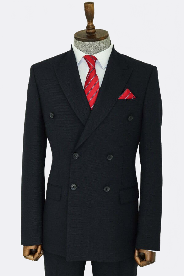 WSS Wide Peak Lapel Patterned Double Breasted Black Men Suit   - Moreno Valley
