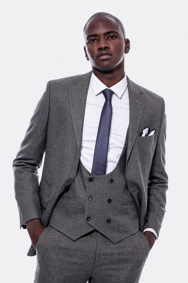 WSS Striped Dark Beige Double Breasted Suit  - Lenexa