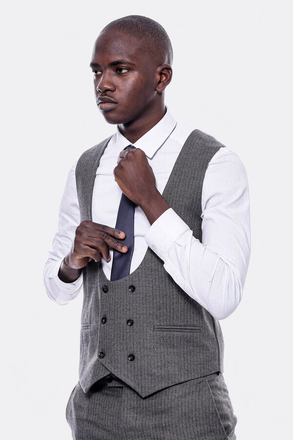WSS Striped Dark Beige Double Breasted Suit  - Lenexa