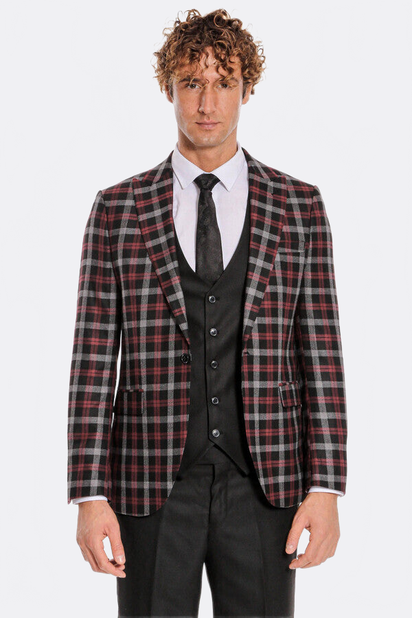 WSS Burgundy Checked Blazer Slim Fit Black Men Suit  - Saint-Brieuc