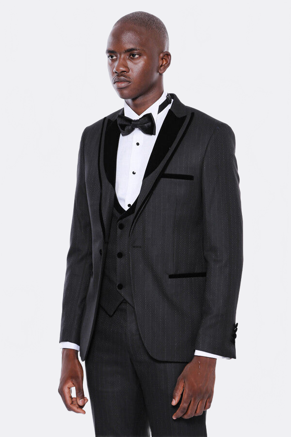 WSS Velvet Lapel Striped Herringbone Black 3 Piece Tuxedo  - Prattville