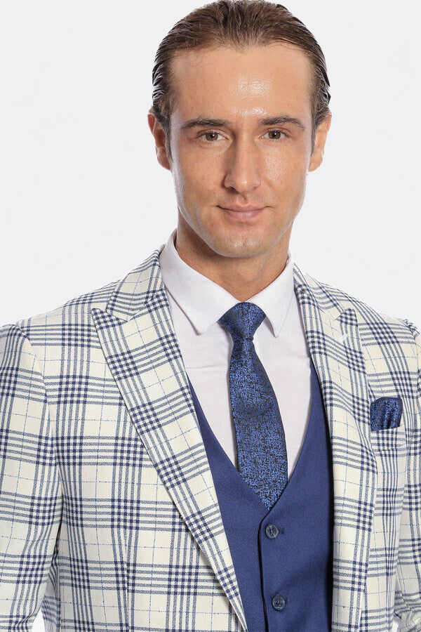 WSS Checked Slim Fit Navy Blue Men Suit  - Angra do Heroísmo