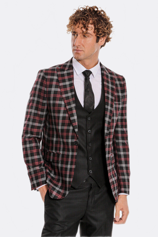 WSS Burgundy Checked Blazer Slim Fit Black Men Suit  - Saint-Brieuc