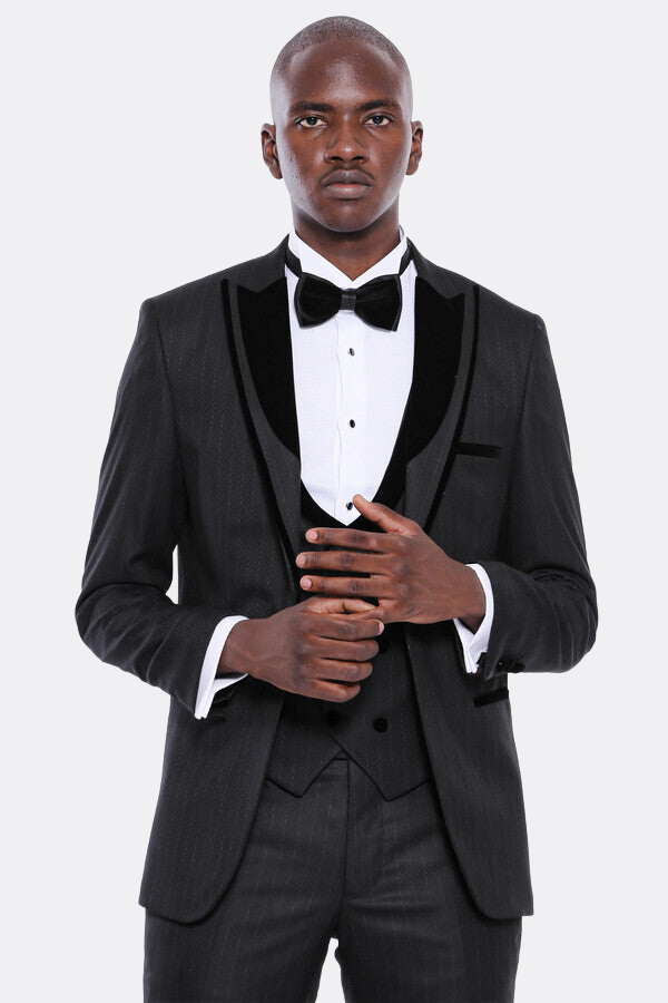 WSS Velvet Lapel Striped Herringbone Black 3 Piece Tuxedo  - Prattville