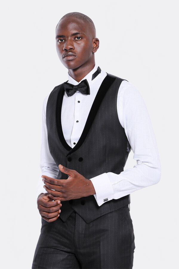 WSS Velvet Lapel Striped Herringbone Black 3 Piece Tuxedo  - Prattville