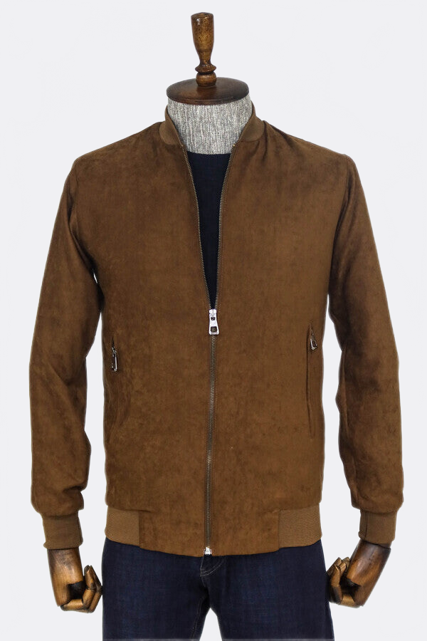 WSS Plain Zippered Pockets Brown Men Bomber Coat  - Council Bluffs