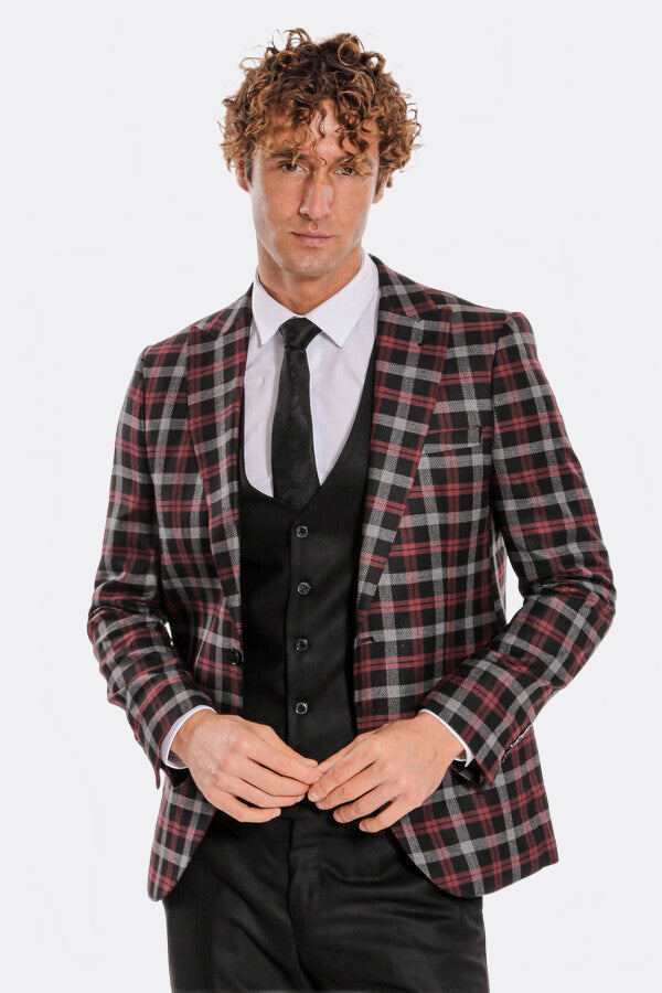 WSS Burgundy Checked Blazer Slim Fit Black Men Suit  - Saint-Brieuc