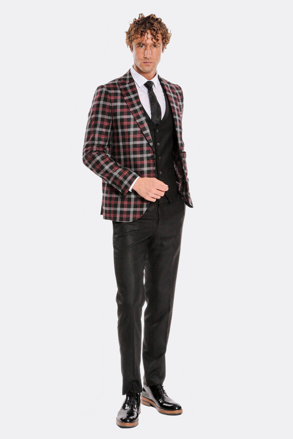 WSS Burgundy Checked Blazer Slim Fit Black Men Suit  - Saint-Brieuc