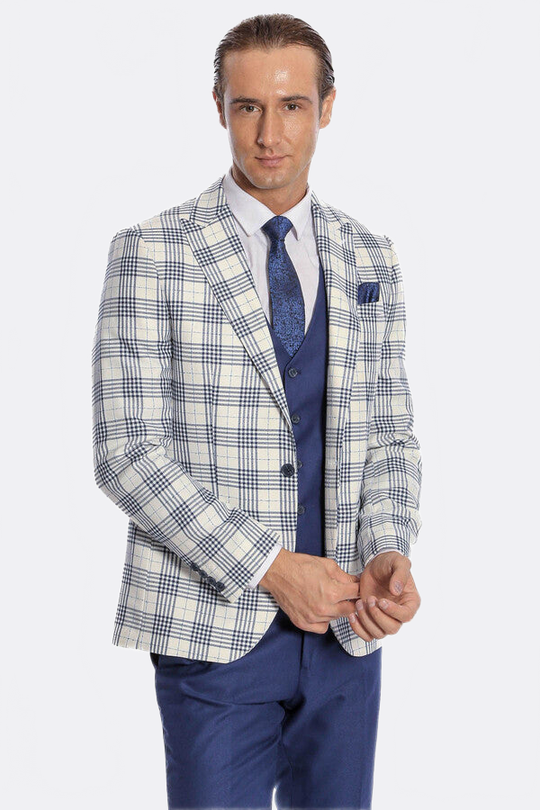WSS Checked Slim Fit Navy Blue Men Suit  - Angra do Heroísmo
