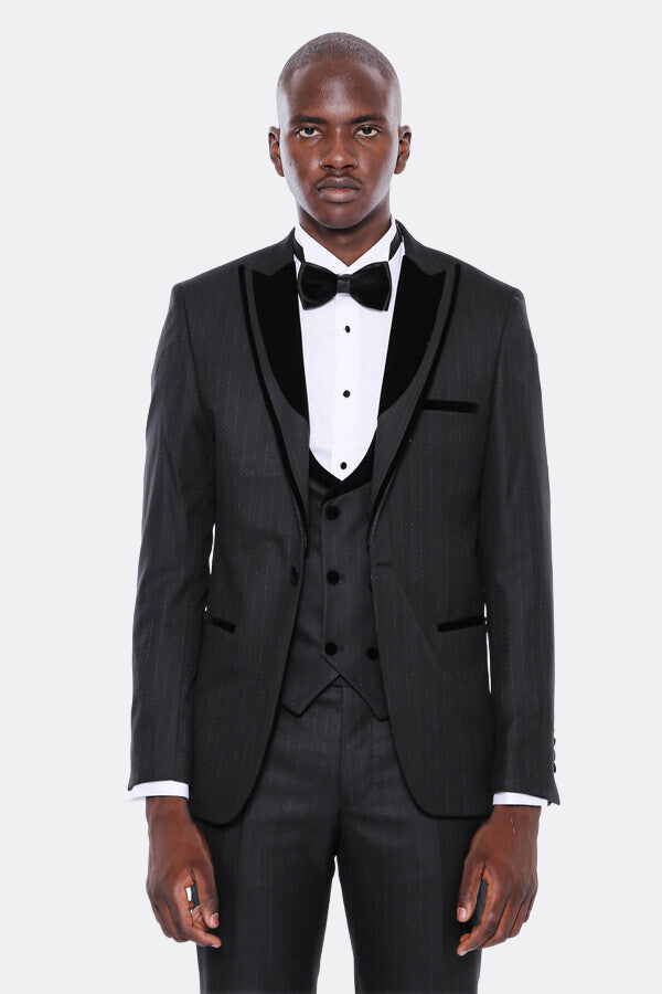 WSS Velvet Lapel Striped Herringbone Black 3 Piece Tuxedo  - Prattville