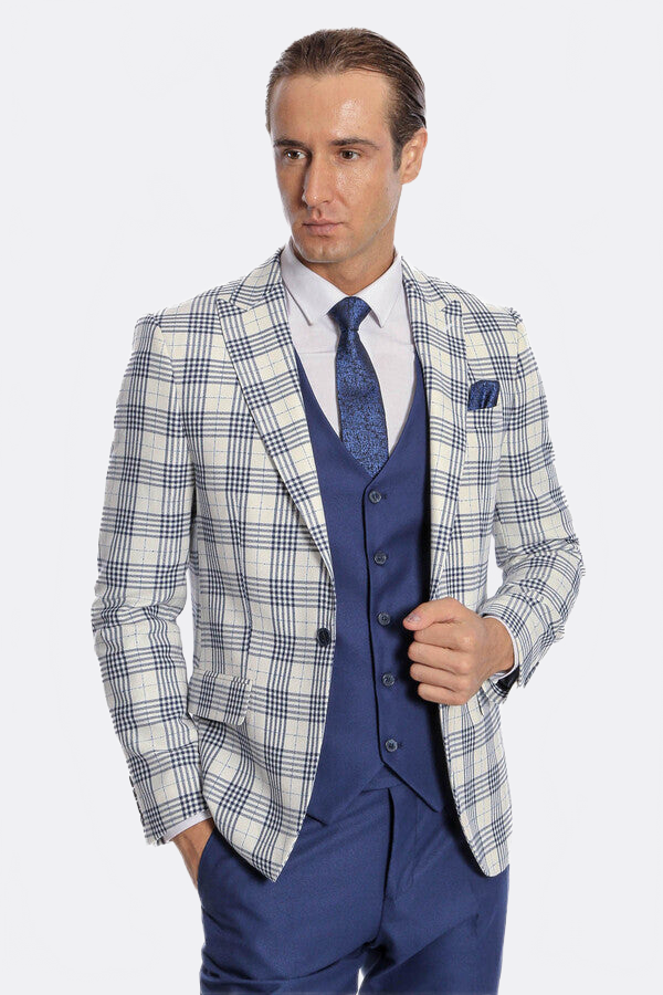 WSS Checked Slim Fit Navy Blue Men Suit  - Angra do Heroísmo