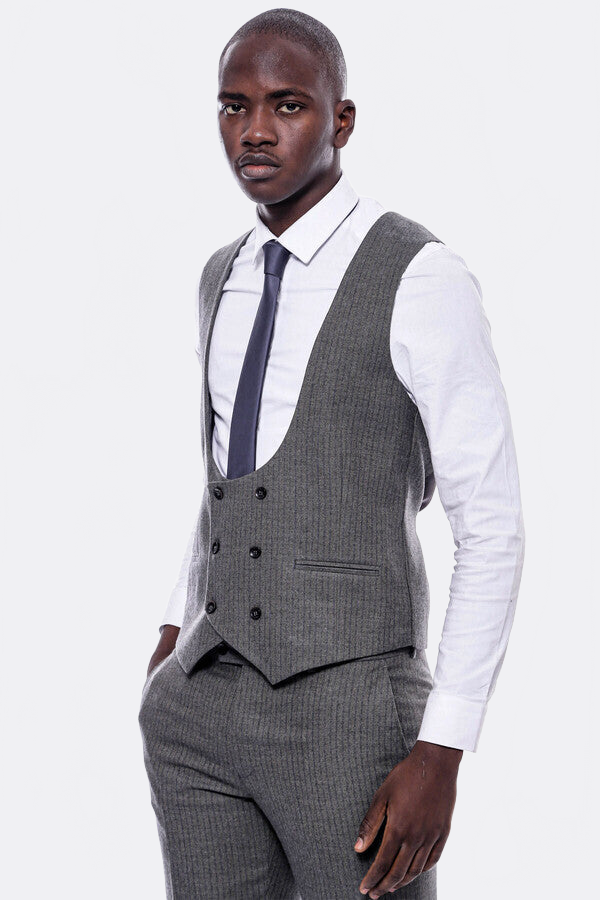 WSS Striped Dark Beige Double Breasted Suit  - Lenexa