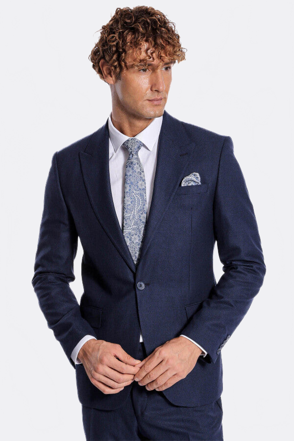 WSS Two Piece Patterned Navy Blue Men Suit  - Redding