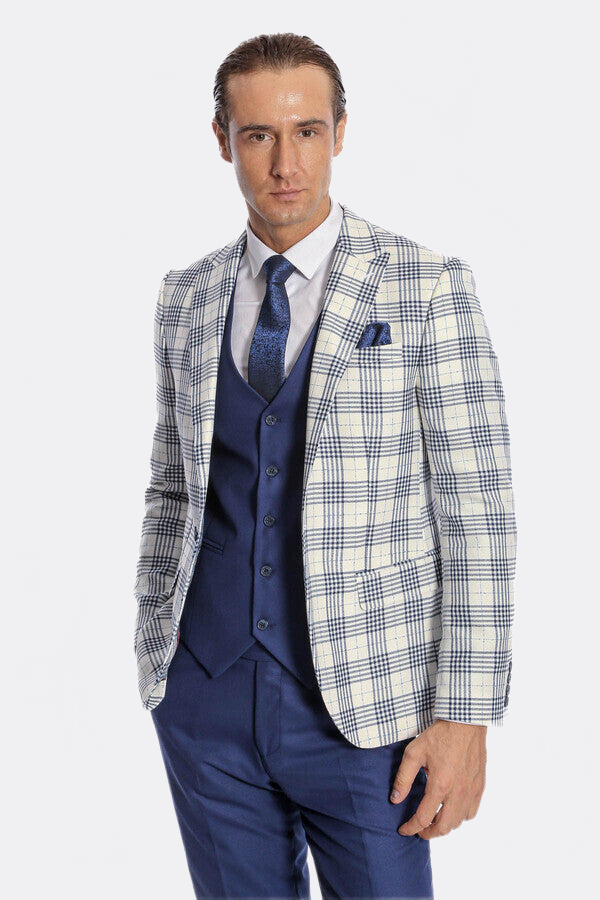 WSS Checked Slim Fit Navy Blue Men Suit  - Angra do Heroísmo