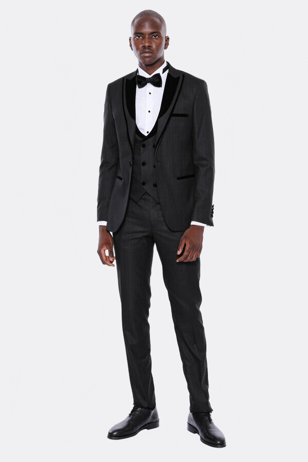 WSS Velvet Lapel Striped Herringbone Black 3 Piece Tuxedo  - Prattville