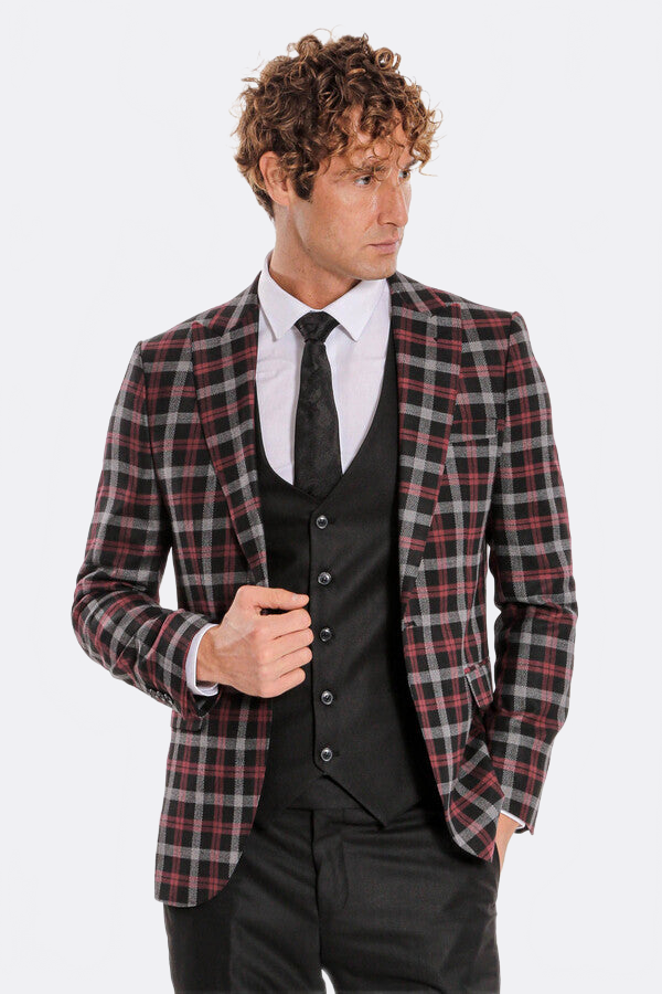 WSS Burgundy Checked Blazer Slim Fit Black Men Suit  - Saint-Brieuc