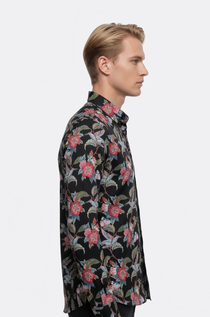WSS Hummingbird And Floral Patterned Long Sleeves Black Men Shirt  - Lyon