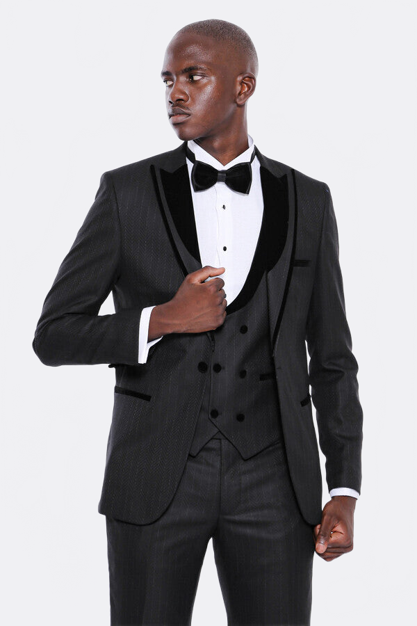 WSS Velvet Lapel Striped Herringbone Black 3 Piece Tuxedo  - Prattville